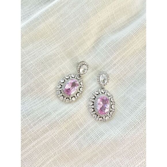 Light pink Double oval cubic zirconia Rafael style dangle earrings - Picture 2 of 4